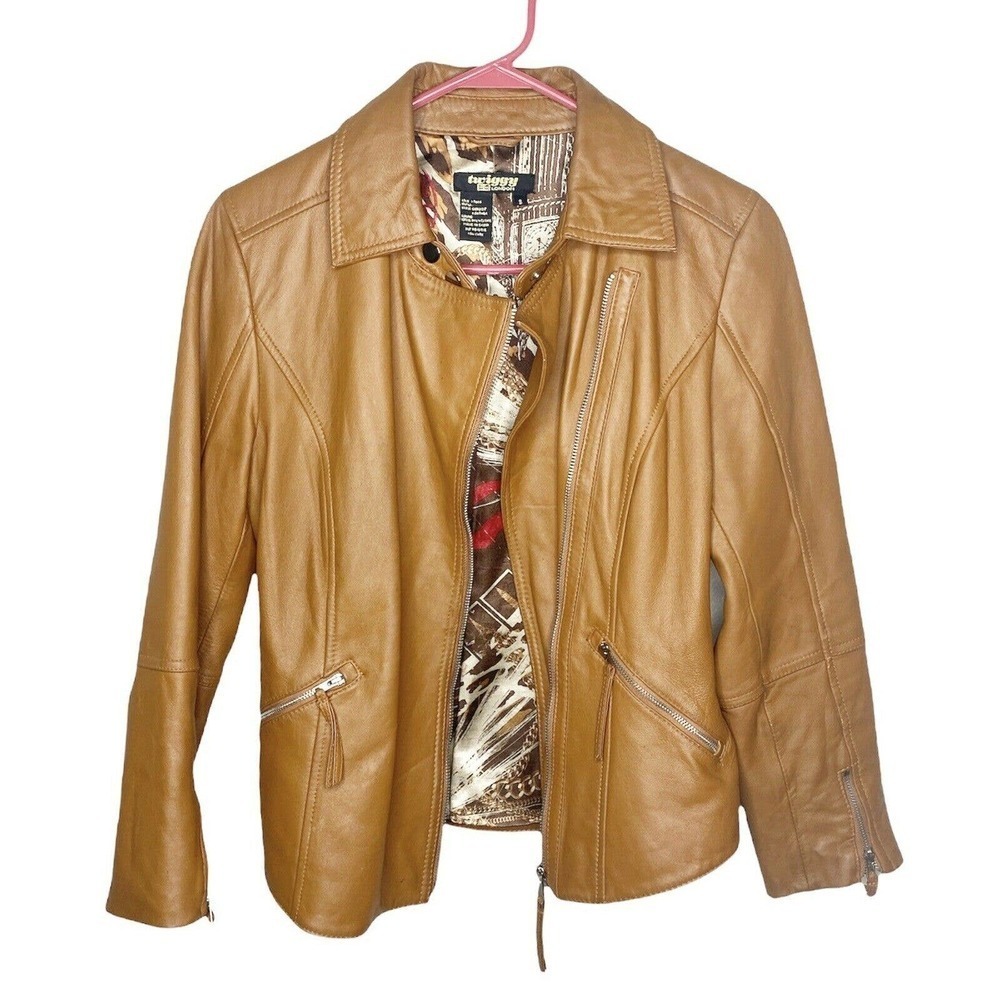 Twiggy of London Tan Leather Full Zip Moto Jacket Hipster Biker Punk Rock Small - Picture 1 of 12
